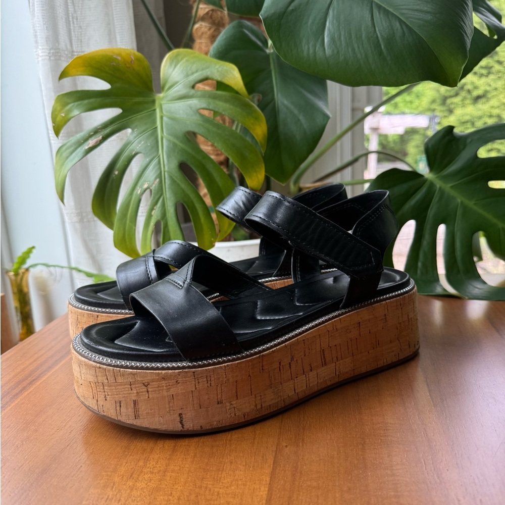Franco Sarto Black Leather Cork Platform Sandals - Picture 2 of 11